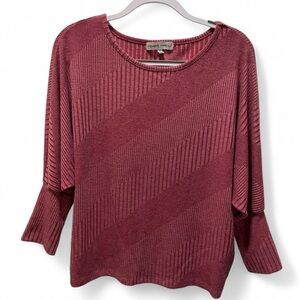 Absolutely Famous Ribbed Dolman Knit Top Burgundy Red Striped Women's L